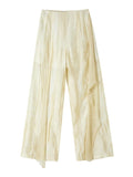 Peneran-Wrinkled Sheer Frill Asymmetry Straight Wide-Pants