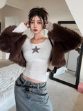 Peneran American Retro Star T Shirt Women Spring Autumn Vintage Long Sleeve Basic Tees Streetwear Casual Sexy Slim Crop Top Y2k Clothes
