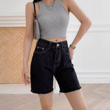 Peneran-Women's Straight Shorts Jeans Black Hot Pants High Waist Y2K America Street Summer Vintage Blue Plus Size Denim Wide Leg Shorts