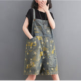 Peneran Summer European and American Style Retro Fashion Large Size Printed Denim Suspenders Loose Thin Section Jumpsuit Shorts Female