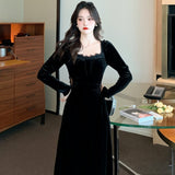 Peneran 2023 New Spring and Fall Vintage Black Long Sleeve Dress Woman Elegant Fashion Velvet Midi Dress Korean Style Even Party Dresses