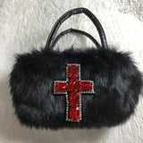 Peneran Y2k Gothic Handbag Soft Plush Black Cross Applique Shoulder Bag Fashion Harajuku Style Punk Hip Hop Biker Crossbody Bag