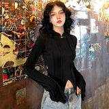 Peneran-Vintage Chinese Style Women Tee Shirt Stitch Chic Elegant Autumn T shirt Top Irregular Hem Short Black Gothic Outfits
