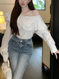 Peneran Korean Fashion White Shirts Women Spring Long Sleeve Slash Neck Casual Blouses Elegant Off Shoulder Ruffles Ladies Tops Blusas
