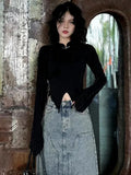 Peneran-Vintage Chinese Style Women Tee Shirt Stitch Chic Elegant Autumn T shirt Top Irregular Hem Short Black Gothic Outfits