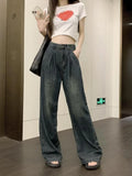 Peneran-Washed Vintage Jeans with Straight Leg Pants for Women's 2024 Summer New Long Pants High Waisted Dark Wide Leg Pants