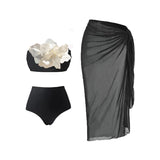 Peneran-Solid Color Design 3d Floral Bikinis Bandeau Women 3 Piece Swimsuit Black Luxury Split Swimwear and Skirt Bathing Suit Beachwear