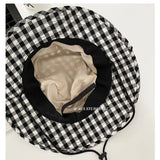 Peneran-Japanese Retro Black and White Plaid Bucket Hat Women's Spring Summer Thin Holiday Leisure Windproof Lace-up Foldable Sun Hats