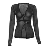 Peneran-Mall Gothic Buckle V-Neck Sexy Blouses Y2k Punk Long Sleeve Transparent T-shirts Grunge Autumn Black Women Crop Tops