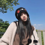 Peneran-Japanese Literary Fringed Hat Women Winter Warm Bomber Hats Hand Knitted Flower Ear Protection Hat Fashion Versatile Beanie Cap