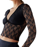 Peneran-Women Sexy Long Sleeve Lace Crop Tops V Neck Mesh See Through Slim Fit T Shirts Blouse Clubwear