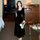 Peneran 2023 New Spring and Fall Vintage Black Long Sleeve Dress Woman Elegant Fashion Velvet Midi Dress Korean Style Even Party Dresses