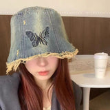Peneran-2024 New Korean Retro Washed Old Butterfly Denim Bucket Hat Women's Spring and Summer Versatile Trend Short-brimmed Basin Cap