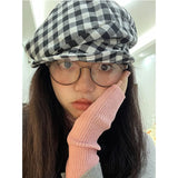 Peneran-Korean Literary and Retro Plaid Beret Spring and Summer Elastic Pleated Fashion Versatile Women's Cotton and Linen Octagonal Hat