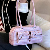 Peneran Pink Elegant Womens Shoulder Bag Plaid Bow Vintage Leather Cute Leather Handbag Casual Sweet Bow Exquisite New Armpit Bag