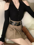 Peneran Casual Knitted Sweater Women Sexy Slim Y2k Crop Tops Female 2023 Autumn Striped Cardigan Korean Fashion Clothing Chic Blouse