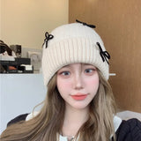 Peneran-Korean Women Autumn and Winter Versatile Bow Acrylic Knitted Cap Girl Sweet Warm Ear Protection Big Head Ski Skull Beanie Hat