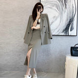 Peneran Spring and Autumn Solid Color Skirt Suit Female Long-sleeved Double-breasted Blazer & High Waist Open Pencil Skirt Female Suit