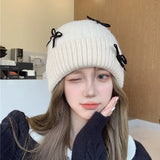 Peneran-Korean Women Autumn and Winter Versatile Bow Acrylic Knitted Cap Girl Sweet Warm Ear Protection Big Head Ski Skull Beanie Hat