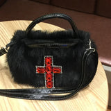 Peneran Y2k Gothic Handbag Soft Plush Black Cross Applique Shoulder Bag Fashion Harajuku Style Punk Hip Hop Biker Crossbody Bag