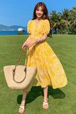 Peneran Summer Bohemian Yellow Women's Senior Sense Chiffon V-neck High Waist Thin Temperament Elegant Fashion Seaside Resort Long Dress