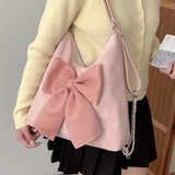 Peneran Pink Bow Womens Shoulder Bag Korean Style Fashion Large Capacity Sweet Backpack Cute Exquisite Elegant New Female Tote Bag