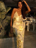 Peneran- Gold Strap V Neck Backless Long Dress For Women Metal Long Dress Sexy Party Club Outfits Y2K Clothes 2024 Summer