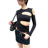 Peneran- Y2k Hollow Out Sexy T-shirts Gothic Punk Bodycon O-neck Black Crop Tops Techwear Women Fashion Long Sleeve Tees