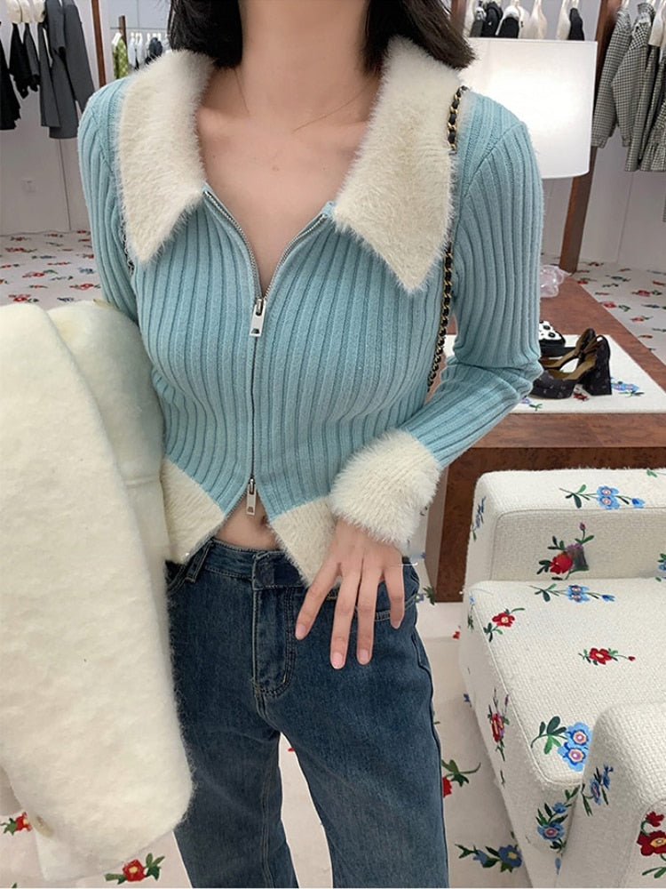 Peneran Faux Fur Knitted Sweater Women Design Slim Elegant Zipper Pullover Office Lady Casual Y2k Crop Tops Korean Fashion 2023 Winter