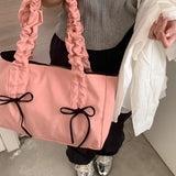 Peneran Pink Pleated Womens Tote Bag Nylon Sweet Elegant Gentle Literary Casual Shoulder Bag Aesthetic New Korean Fashion Handbag