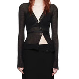 Peneran-Mall Gothic Buckle V-Neck Sexy Blouses Y2k Punk Long Sleeve Transparent T-shirts Grunge Autumn Black Women Crop Tops