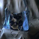 Peneran Vintage Womens Shoulder Bag Denim Original Y2k Gothic Punk Mens Messenger Bag Large Capacity Dragon Embroidery Handbag
