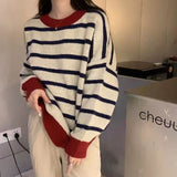Christmas Gift  Striped Sweater Women Casual Loose Pullover O-neck All-match Knitted Top Jumper Fall Long Sleeve Chic Knit Sweaters