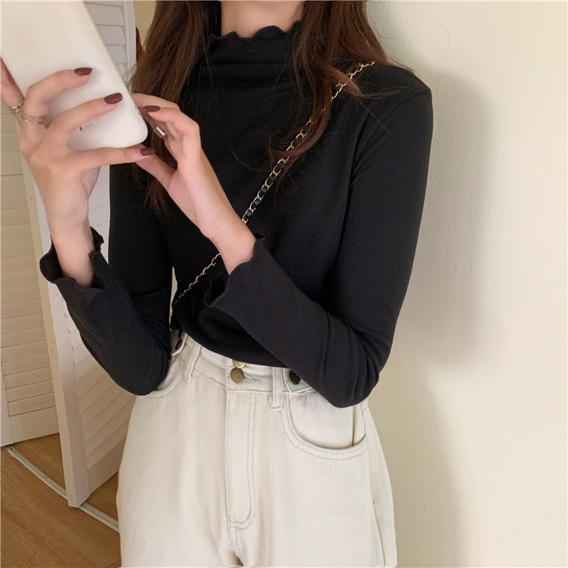 Women Half-high Collar T shirts Long-sleeved Casual Solid Basic Cropped Tops Female Loose Slim Basic T Shirts Spring and Autum