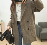 Vintage Plaid Blazer Jacket For Women Loose Long Sleeve Office Coat With Pockets Casual Double Breasted Outerwear Tops