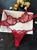 Peneran - Floral Embroidery Lingerie Set, Hollow Out Unlined Bra & Sheer Mesh Thong, Women's Sexy Lingerie & Underwear