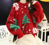 Christmas Gift Red Christmas Snowflake Pullover Sweater Women Winter New Thicken Casual Soft Loose Round Neck Long Sleeves Knitted Sweaters