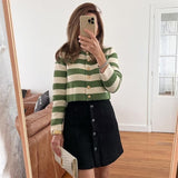 Peneran Autumn Ins Women's Gold Single-Breasted Striped Knitted Round Neck Cardigan Sweater Jacket