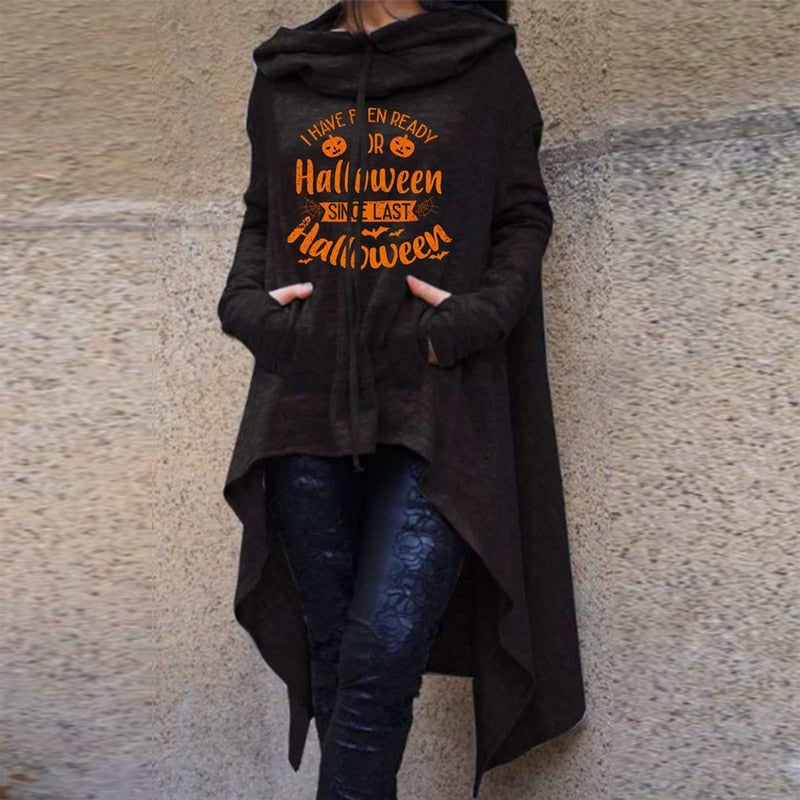 Peneran Halloween Costume Halloween Witch Hoodies Y2K Fashion Printed Irregular Hem Oversize Female Long Sleeve Hooded Cloak Pullover Women's Sweatshirt