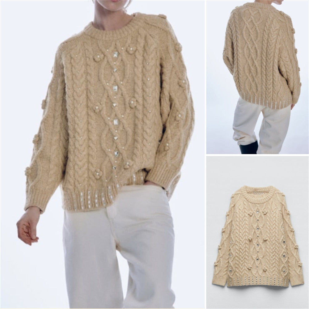 Peneran 2023 Autumn And Winter New Casual Jewelry And Artificial Pearl Inlaid Long-Sleeved Round-Neck Sweater