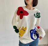 Peneran Floral Painting Sweater Pullovers Women Round Neck Casual Knitting Sweater Jumpers