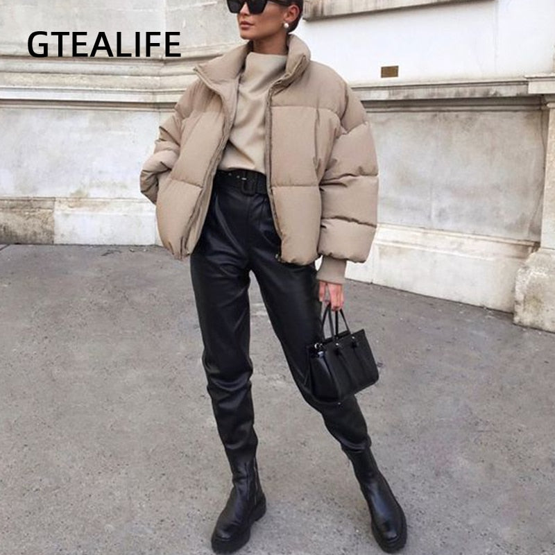 Peneran Fashion Stand Collar Parkas Women Thick Warm Winter Bubble Coats Female Khaki Jackets Pockets Zipper Simple Overcoats