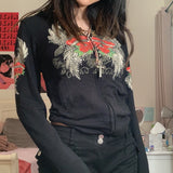 Retro Rhinestone Sweatshirt Vintage Graphic Print Slim Hoodies E-girl Gothic Black Cropped Jacket Coat Women Clothes