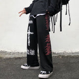 Harajuku Graffiti Print Long Pants Plus Size Woman Man Japanese Dark Goth Punk Hip-Hop Pocket Casual Straight-Leg Pants Trousers