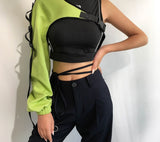 Streetwear Neon Halter Sweatshirt Hoodie Buckle Reflective Smock One Shoulder Women's Sweatshirts Holographic Outwear