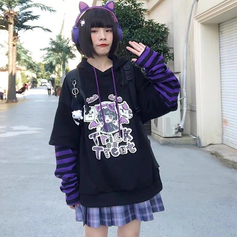 PENERAN Women Clothes Fashion 2022 E Girl Kawaii Hoodies Women Tracksuit Black Hoodie With Anime Long Sleeve Korean Style Sweatshirt Oversized Gothic Kpop