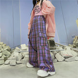 Mall Goth Y2K Cargo Pants Women Hippie Purple Plaid Harajuku Streetwear Chain Checked Trousers Famale High Waist Aesthetic