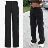 High Waist Black Cargo Pants Women Plus Size Ribbon Streetwear Punk Wide Leg Pants Gothic Pockets Streetwear Joggers