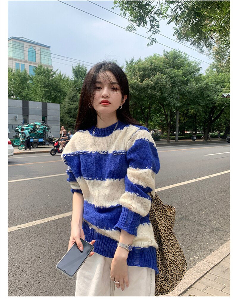Thanksgiving Day Gifts NEW Women Basic Loose Hollow Out Thin Ripped Striped Sweater Lazy Loose Knitted Oversized Jumpers Tops Streetwear Pullover