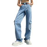 Pocket Patchwork High Waist Jeans Loose Straight Tube Mopping Thin Wide Leg Tooling Pants Women Tide 100% Cotton